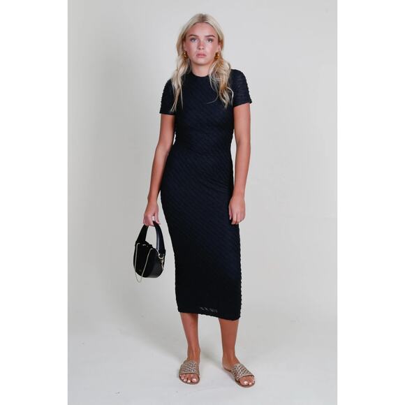 Amanda Uprichard Rosaria Textured Smocked Stretch Black Midi Dress Size XS - Picture 11 of 12